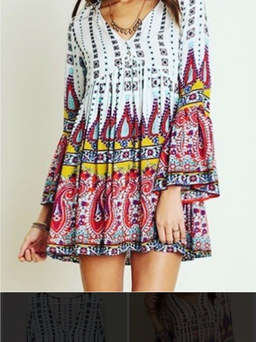Umgee White Paisley Print V-Neck Mini Dress with Red and Yellow Accents